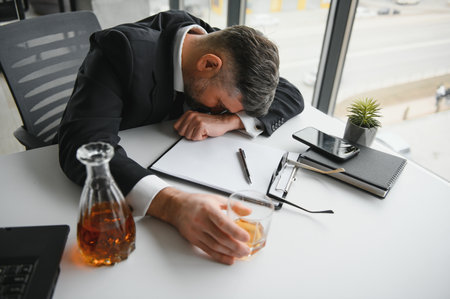 Old business man is drinking alchool at the office.の写真素材