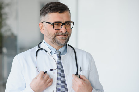 Portrait of serious senior doctor in eyeglasses and in white coatの写真素材