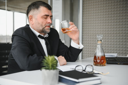 Old business man is drinking alchool at the office.の写真素材