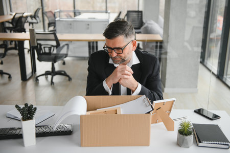 Portrait of sad dismissed senior old business man worker taking his office supplies in the box. Pensioner mature retired from work carry staff back home. Lifestyle business retirement, quit job concept.の写真素材