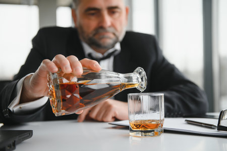 Old businessman drinking from stressの写真素材