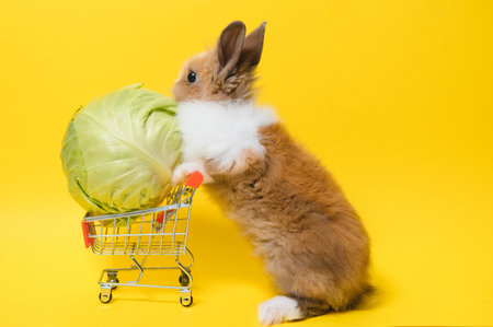 Young adorable bunny stand on color background. Cute baby rabbit for Easter and online shopping shop for pet and vegetableの写真素材
