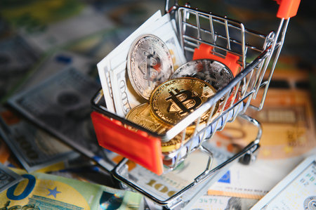 euro banknotes and coins, dollar banknotes with bitcoin. high quality photoの写真素材