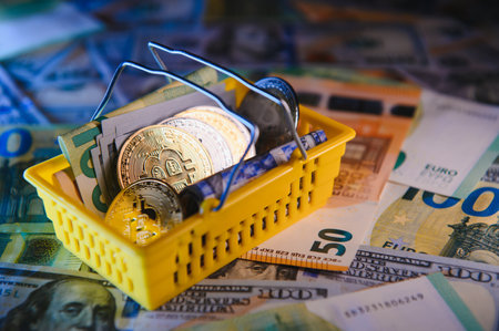 golden bitcoins new virtual currency with traditional dollars and euro as a background.の写真素材