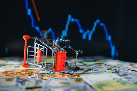 Bitcoins and New Virtual money concept. Growth bitcoins. Euro and bills laying on a dollar laptop with bitcoin charts on a blurred background.の写真素材