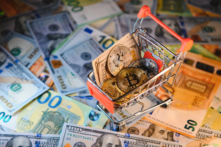 euro banknotes and coins, dollar banknotes with bitcoin. high quality photoの写真素材