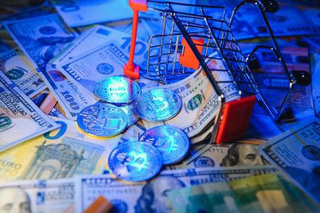 euro banknotes and coins, dollar banknotes with bitcoin. high quality photoの写真素材