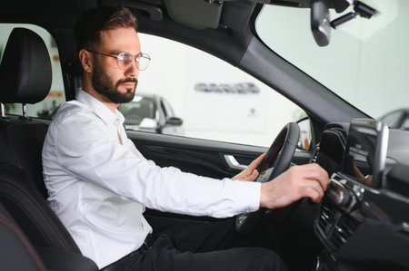 a man examines a car in a car dealership.