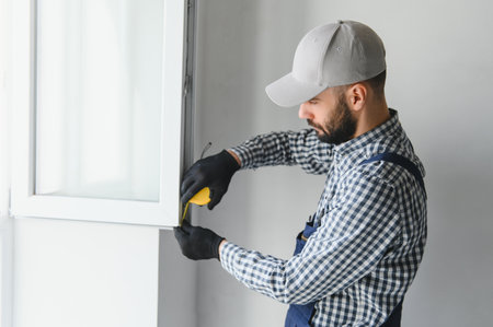 Construction worker installing window in house.の写真素材