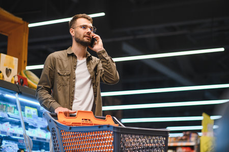 Handsome man shopping in supermarket, smiling, using phoneの写真素材