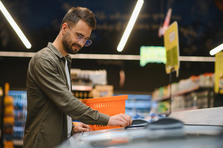 Young man buying groceries at the supermarket. Other customers background. consumerism conceptの写真素材