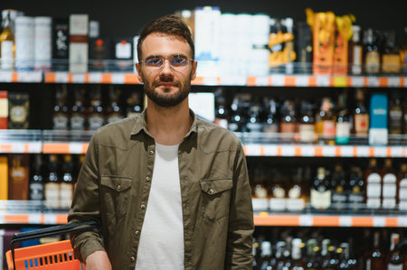 A man takes alcoholic drinks from the supermarket shelf. Shopping for alcohol in the store.の写真素材