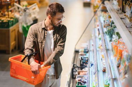 Handsome man shopping in a supermarket.の写真素材