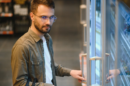 Young man buying groceries at the supermarket. Other customers background. consumerism concept