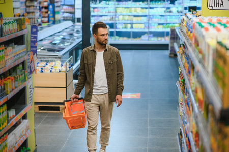 Portrait of smiling handsome man grocery shopping in supermarket, choosing food products from shelf.の写真素材