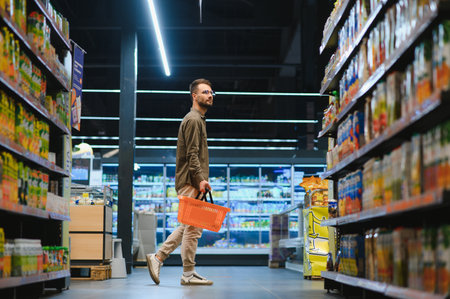 Handsome young man choosing food in the supermarketの写真素材
