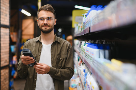 Positive male customer choosing new shampoo in supermarket hair section.の写真素材