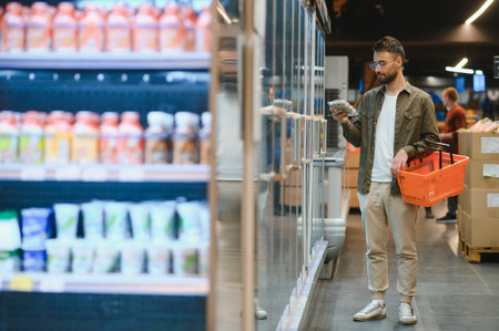 Portrait of smiling handsome man grocery shopping in supermarket, choosing food products from shelf.の写真素材
