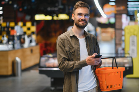 Handsome man buying some healthy food and drink in modern supermarket or grocery store. Lifestyle and consumerism concept.の写真素材