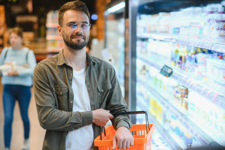 Handsome man shopping in a supermarket.の写真素材