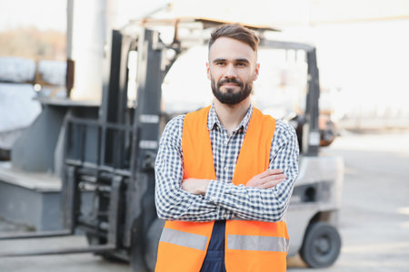 Waving forklift driver in the warehouse of a haulage company while driving forklift.