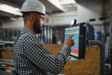 Portrait of Professional Heavy Industry Engineer, Worker Wearing Safety Uniform, Hard Hat Smiling. In the Background Unfocused Large Industrial Factoryの写真素材