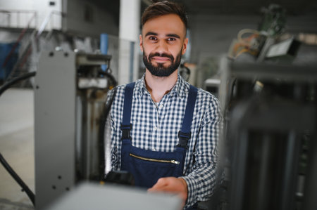 portrait of industrial engineer. Factory worker with hard hat standing in factory