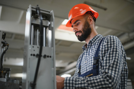 Portrait of Professional Heavy Industry Engineer, Worker Wearing Safety Uniform, Hard Hat Smiling....