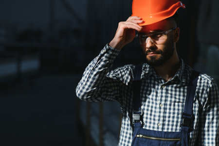 Portrait of factory worker in protective equipment in production hall