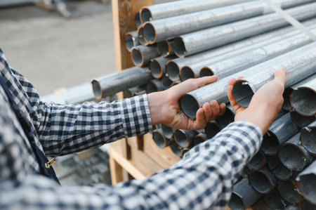 a worker holds metal pipes in a factory warehouse. metal rolling.の写真素材