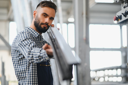 Worker at a window production factory selecting a specific PVC profile panel.の写真素材