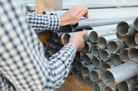 New steel pipes. A worker at the factoryの写真素材