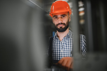 Portrait of Professional Heavy Industry Engineer, Worker Wearing Safety Uniform, Hard Hat Smiling....