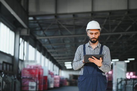 Factory technician working using digital tablet at factory warehouse