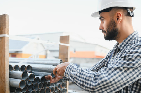 a worker holds metal pipes in a factory warehouse. metal rolling.の写真素材