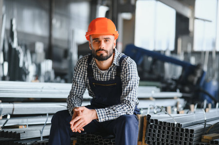 Portrait of Professional Heavy Industry Engineer, Worker Wearing Safety Uniform, Hard Hat Smiling....