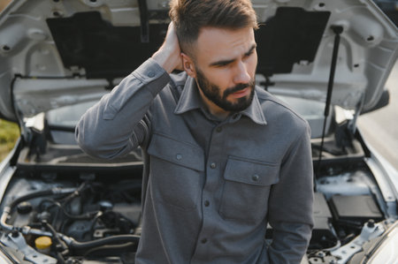 Sad driver holding his head having engine problem standing near broken car on the road. car...