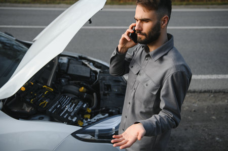 Sad driver calling car service, opening hood, having engine problem standing near broken car on the road. car breakdown concept.の写真素材