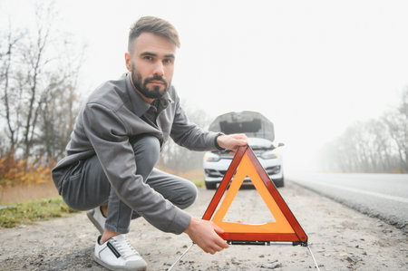 A young man near a broken car with an open hood on the roadsideの写真素材