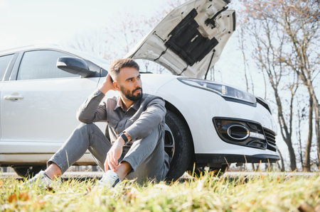 Picture of frustrated man sitting next to broken car with open hood.の写真素材
