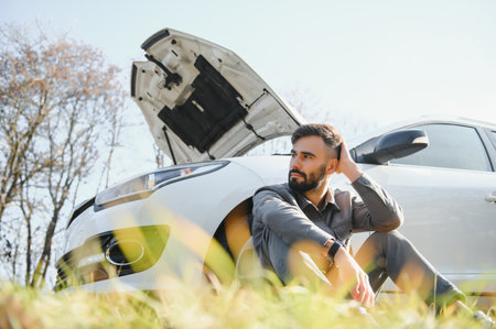 Picture of frustrated man sitting next to broken car with open hood.の写真素材