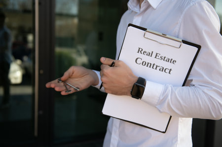 Male Realtor Standing Outside Residential Property Holding Keys.