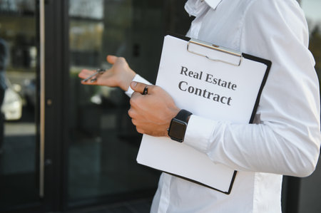 Professional estate seller with clipboard writing documents outside in front of rented house with advertising area.の写真素材