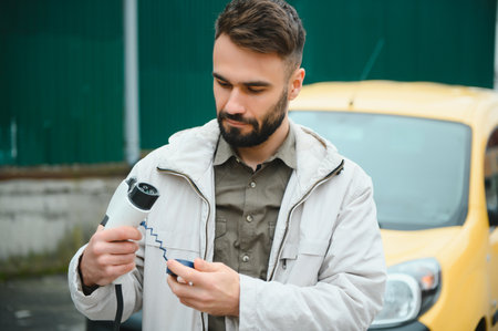 Man Holding Power Charging Cable For Electric Car In Outdoor Car Park. And he's going to connect the car to the charging station in the parking lot near the shopping center.の写真素材
