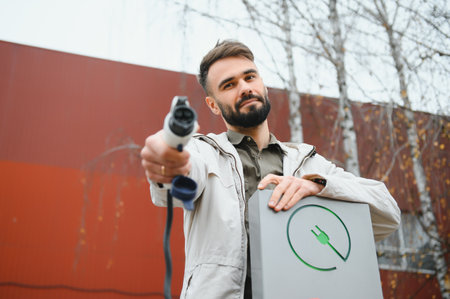 Man hand holding Electric car charger. Electric Vehicle EV Charging station and Chargerの写真素材