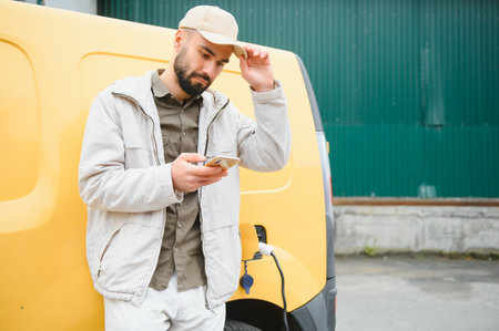Happy young adult man charging automobile battery from small public stationの写真素材