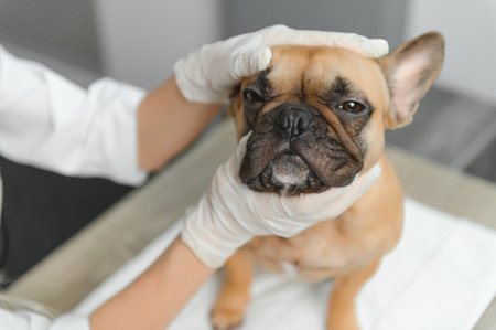 A veterinarian examines a dog. Selective focus on the dog. High quality photo.の写真素材