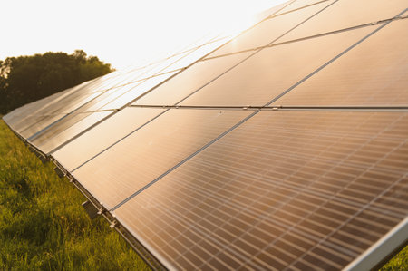 Solar panels and blue sky. Solar panels system power generators from sun. Clean technology for a...