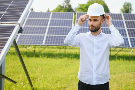 Young architect standing by solar panels.の写真素材