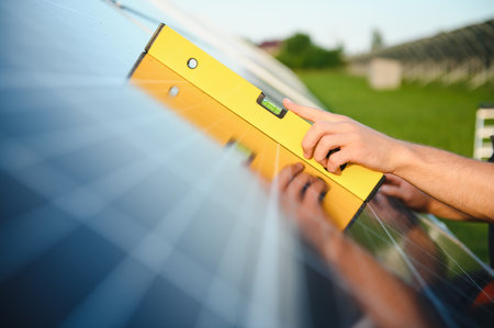 Worker installing solar panels outdoors